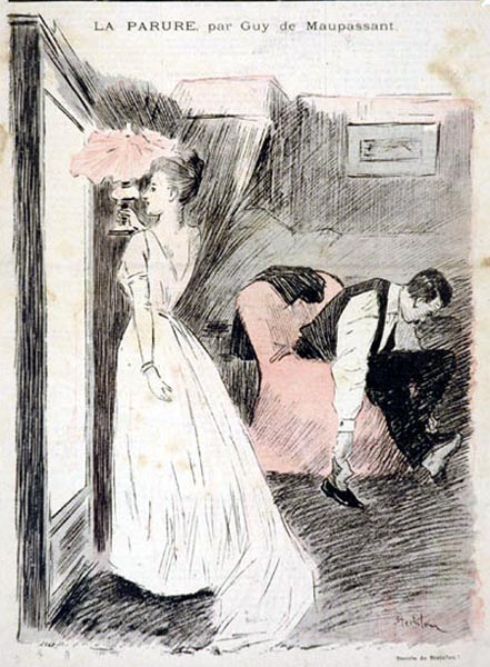 pencil sketch of a woman in a period dress holding up a lamp to see herself better in a mirror, with a seated man putting on his shoes in the background