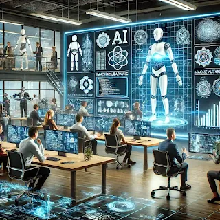 Futuristic office with professionals working on AI, machine learning, and automation projects. Computer screens display AI algorithms, robotic automation, and data analysis charts, with a holographic interface showcasing AI-driven innovations