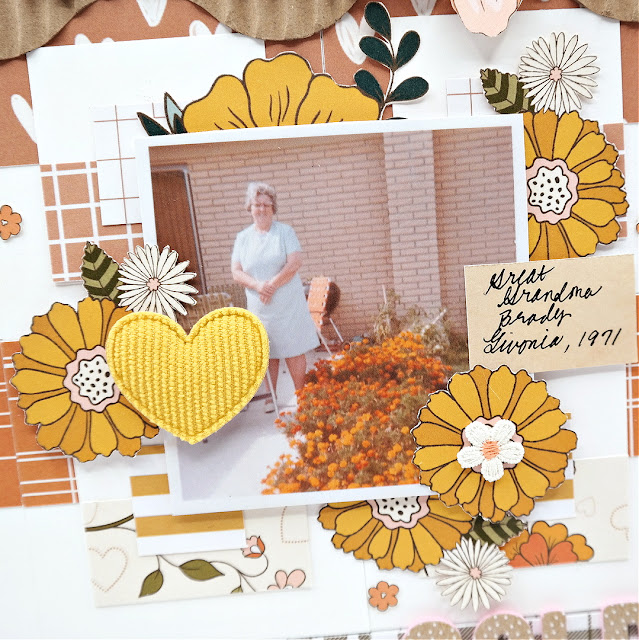 Vintage inspired scrapbook layout with fussy cut flowers and a paper pieced square background created with the Color Rush Studio September Meraki Kit.