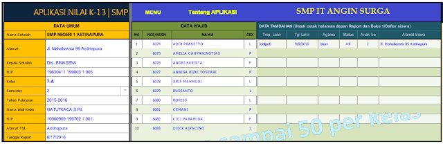 Aplikasi Penilian Kurikulum 2013 SMP | Aplikasi Excel Terbaru