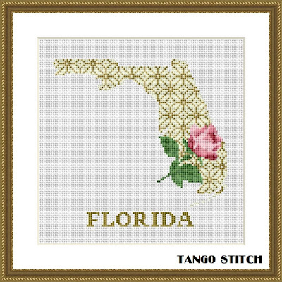 Florida map cross stitch pattern floral ornament embroidery - Tango Stitch
