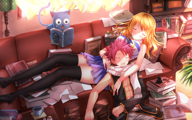   Fairy Tail Lucy Natsu Happy Anime Reading Books Sleeping HD Wallpaper Desktop Background