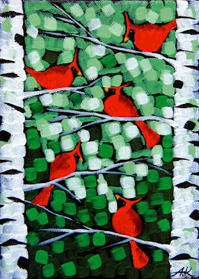 Cardinal, Birch, Evergreen, Aaron Kloss, Red Mug, Landscape Painting, Pointillism