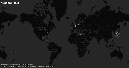 Screenshot of Musical OSM showing real time edits of OpenStreetMap on a world map