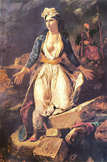 Greece on the Ruins of Missolonghi by Eugène Delacroix c.1826, romantic painting depicts the Third Siege of Greek Revolution