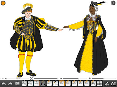 A digital sketch of a redheaded man and Indian woman in roughly late Tudor/Elizabethan garb in coordinated black, grey, and yellow combinations.