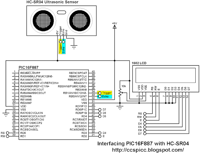 Interfacing PIC16F887 with HC-SR04 ultrasonic sensor circuit diagram