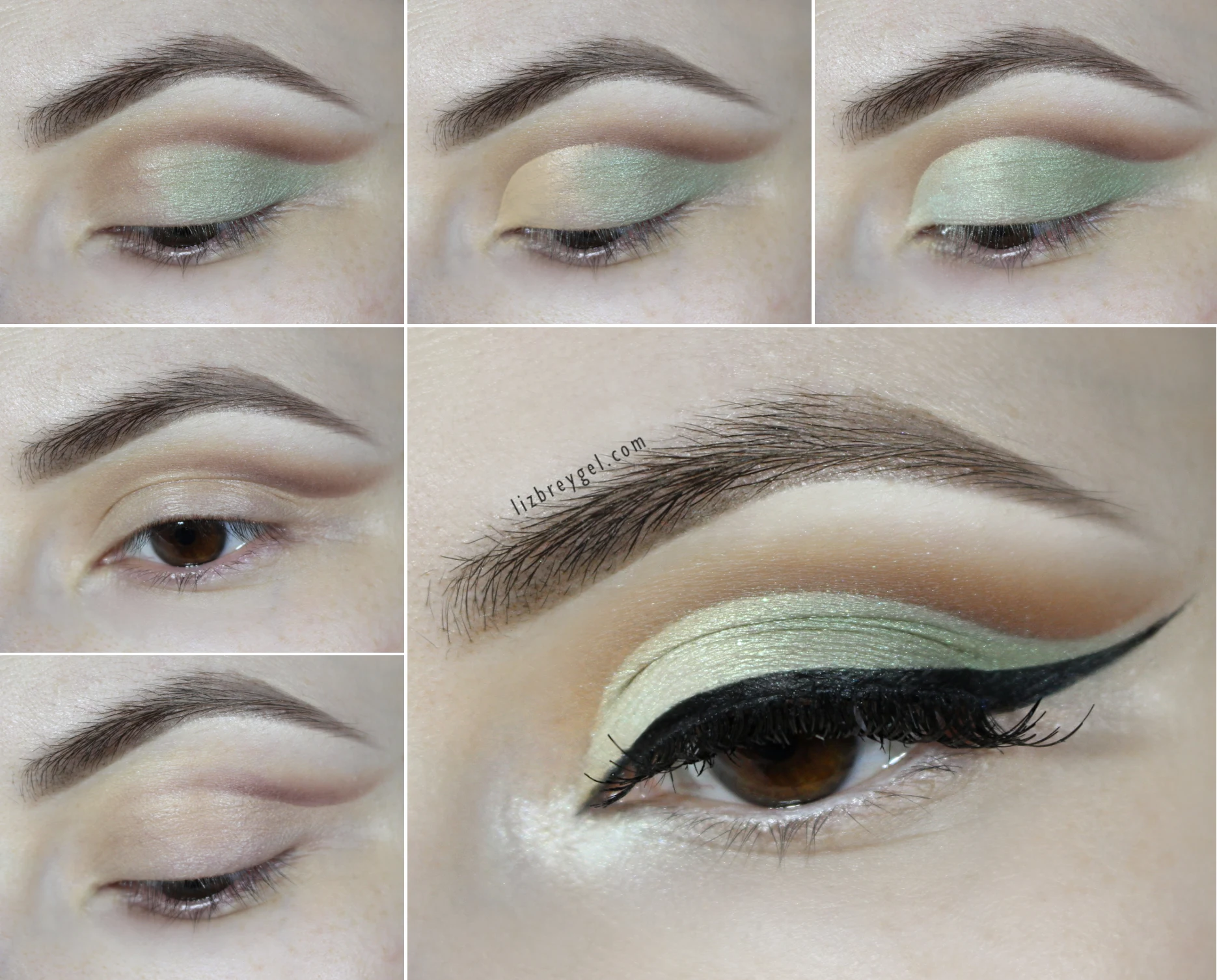 a close-up of woman's eye with a sage green bridal makeup look