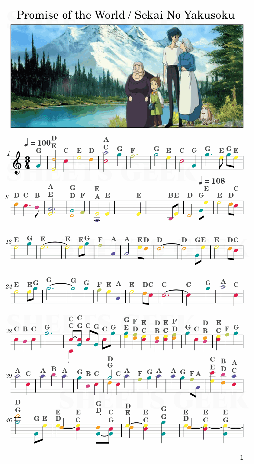 Promise of the World / Sekai No Yakusoku - Howl's Moving Castle Easy Sheet Music Free for piano, keyboard, flute, violin, sax, cello page 1