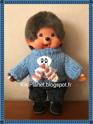 Pull bonhomme de neige fait main pour Kiki ou Monchhichi, handmade, tricot, knitting, vintage