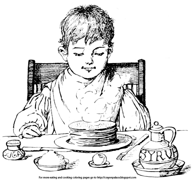 A coloring page of a small boy eating pancakes | Crayon Palace