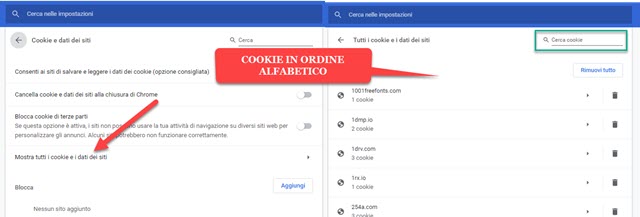 elenco alfabetico di tutti i cookie presenti nel browser