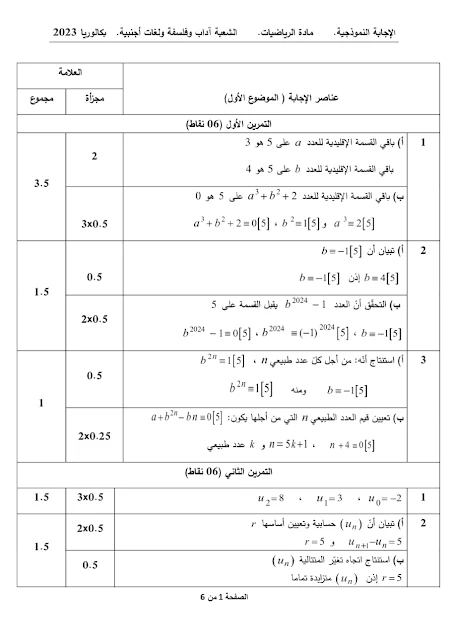 تصحيح موضوع الرياضيات بكالوريا 2023 شعب أدبية