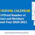 Official Number of Class Days and Holidays for School Year 2020-2021