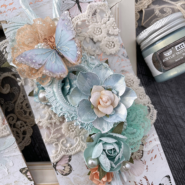 Mixed media panels created with: Prima Marketing apricot honey, peach tea, coffee break flowers, mechanicals grungy succulents, opal magic paint, moulds; Reneabouquets butterflies, glitter glass; Tim Holtz baubles