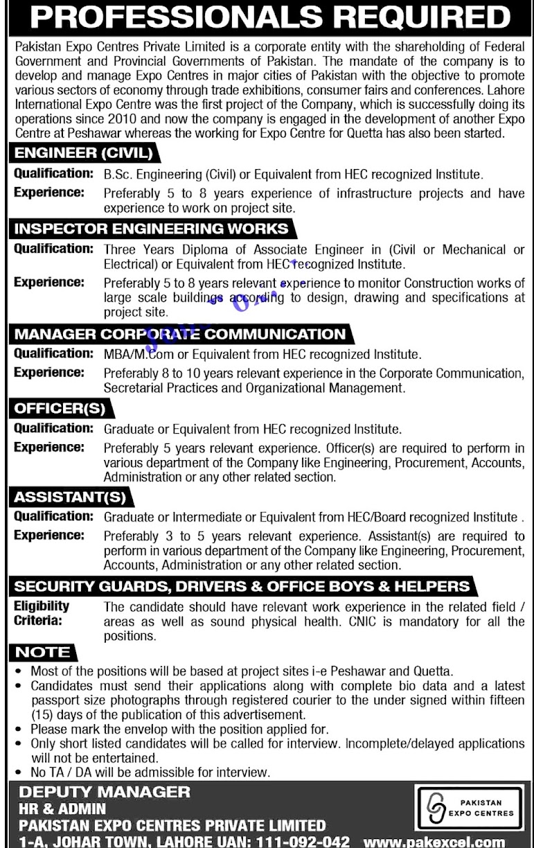 Latest Jobs in Pakistan Expo Centers Private Limited PECPL 2021