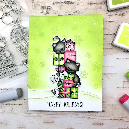 Happy Holidays by Claire features Sky High Celebrations, Land Borders, Heartfelt Holidays, and Holiday Home by Newton's Nook Designs; #inkypaws, #newtonsnook, #cardmaking, #catcards, #dogcards, #christmascards, #holidaycards