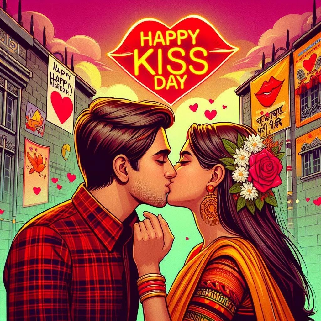 Kiss Day Delight Beside the Building - Traditional Attire and Love
