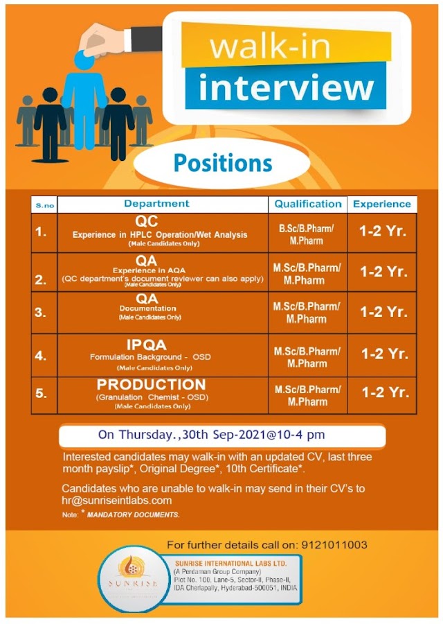 Sunrise Labs | Walk-in for Production/QC/QA/IPQA at Hyderabad on 30th Sept 2021