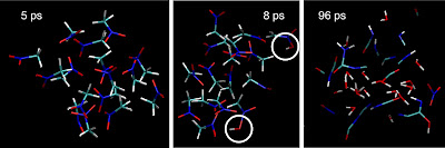 simulation of detonating nitromethane at three different times