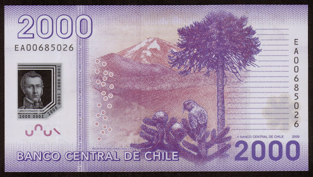 Chilean money currency 2000 Pesos banknote 2009 Lonquimay volcano in Chile's national park Nalcas