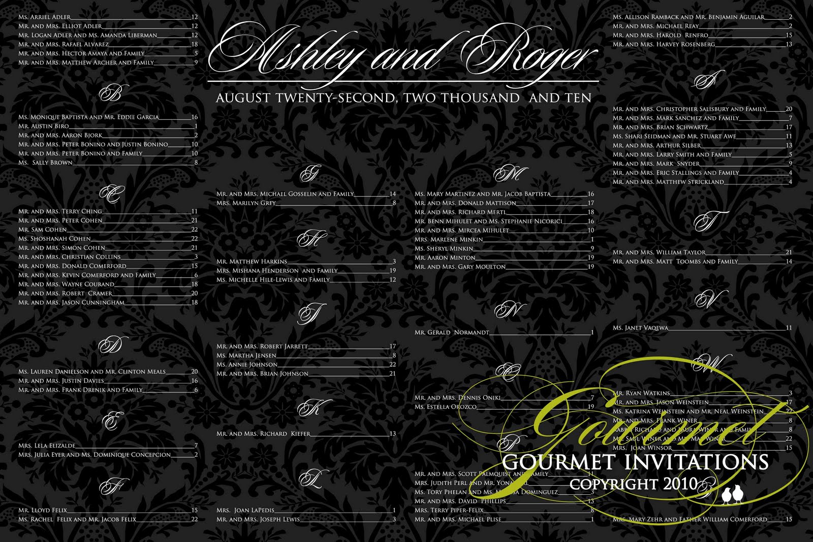 A black damask seating chart