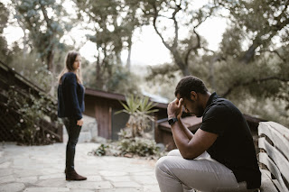 a picture of an upset man, and a girl walking away from him