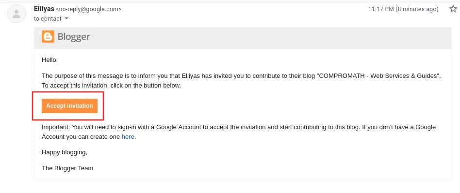 Invitation email to accept Author/Administrator in Blogger