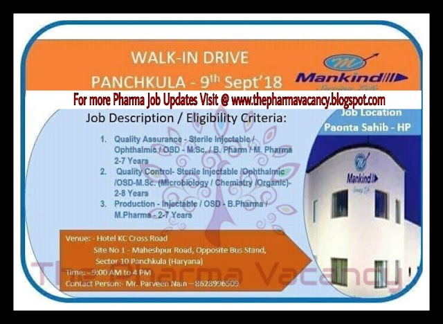 Mankind | Walk-In for Multiple Positions | 9th September, 2018 | Panchkula