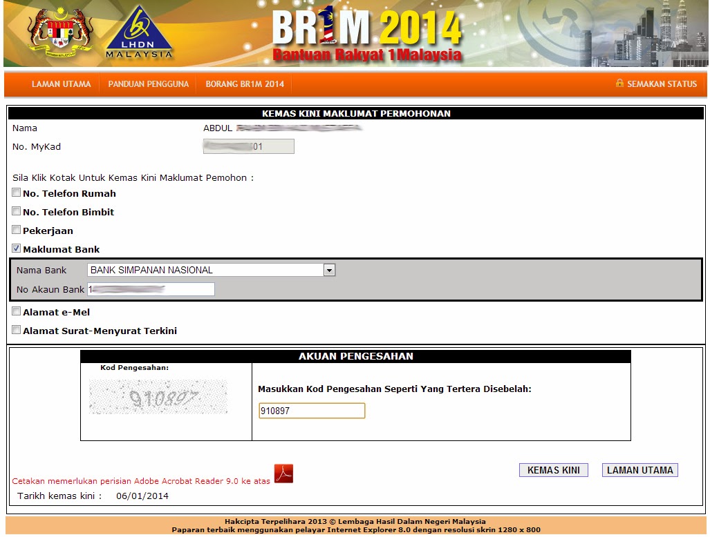 Permohonan/Update Online BR1M 3.0 (2014) / Skim Individu 