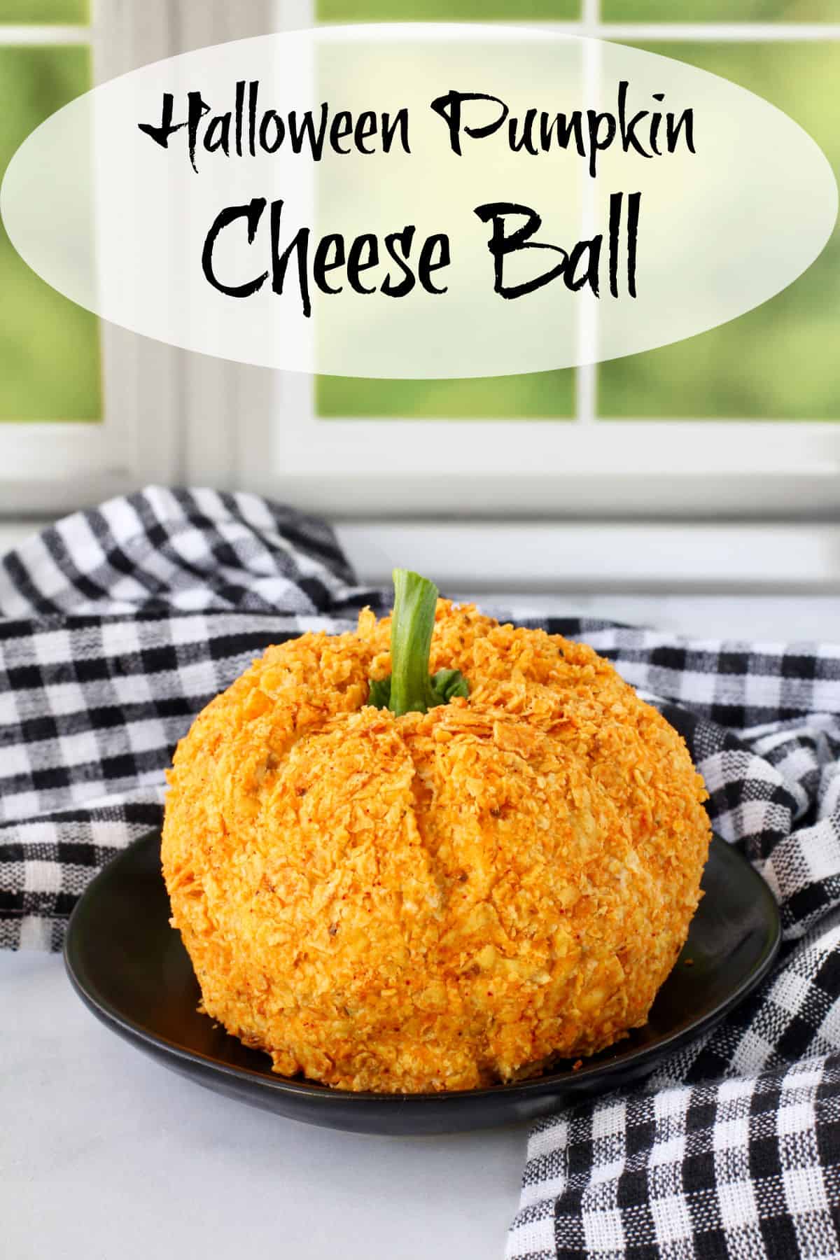 Halloween Cheese Ball on a plate.