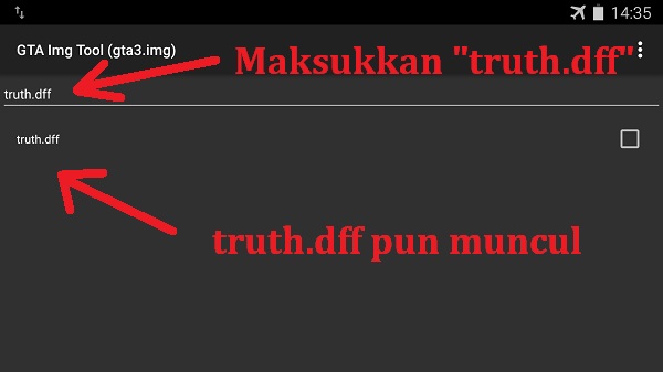 4. Pada kolom pencarian, masukkan kata truth.dff maka file skin truth yg akan kita ganti dengan skin lesley akan muncul. lihat gambar berikut.