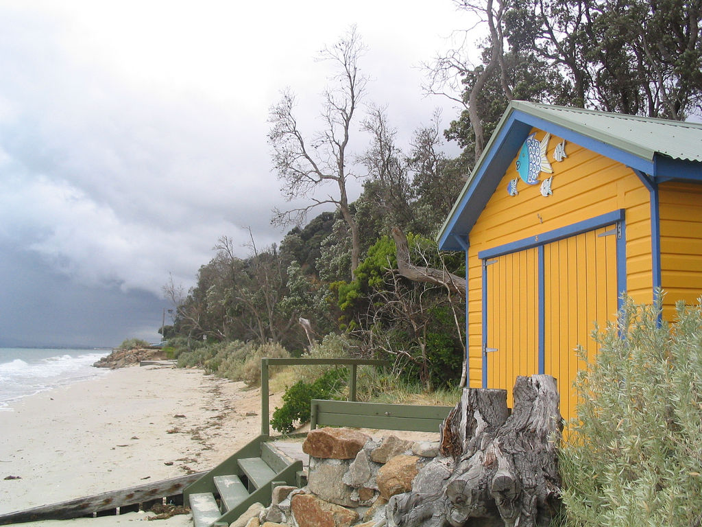 Beach hut wallpaper