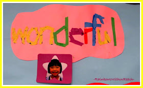 photo of: Kindergarten "Wonderful" Mosaic in Response to "You're Wonderful" by Debbie Clement