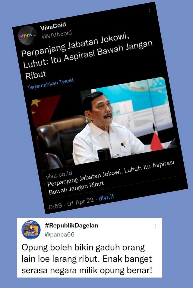 Luhut Binsar Pandjaitan meminta wacana memperpanjang jabatan Presiden Jokowi tidak perlu Negara Ini Kok Serasa Milik Luhut, Enak Bener!!!