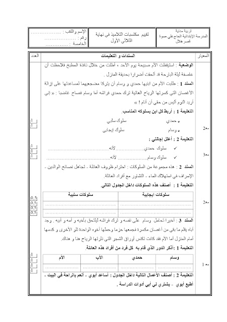 السنة 5 الخامسة امتحان التربية المدنية الثلاثي الأول