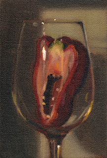 Oil painting of half a red pepper, sliced vertically, in a wine glass.