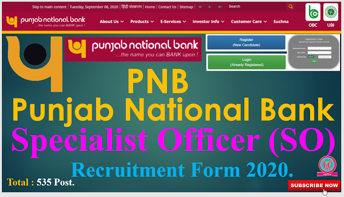 Punjab National Bank PNB Specialist Officer (SO) Recruitment Online Form 2020.