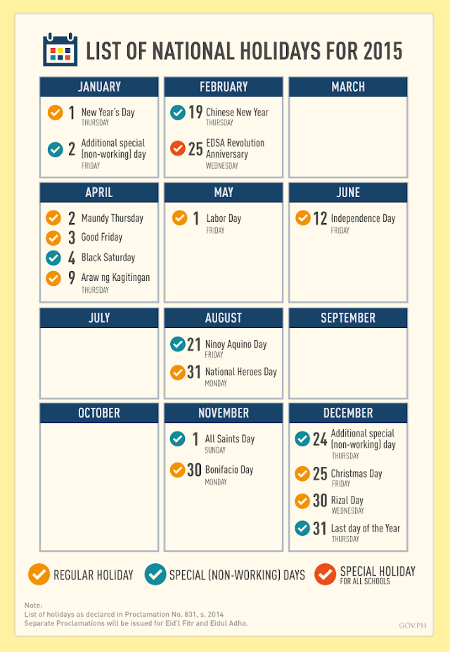 Official list of nationwide holidays for 2015.