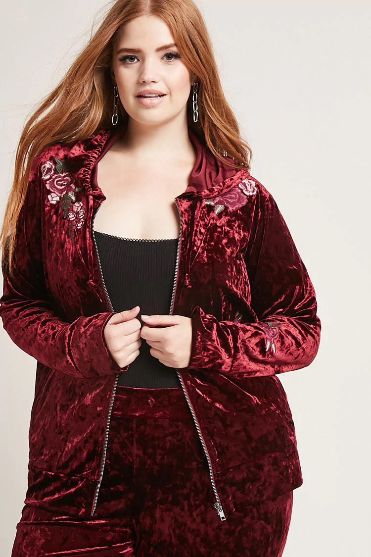 Plus Size Floral Velvet Hooded Top 