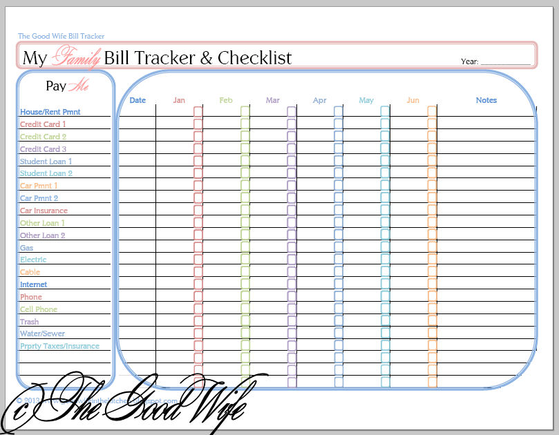 The Good Wife: New Budget Worksheet - Bill Tracker and Checklist