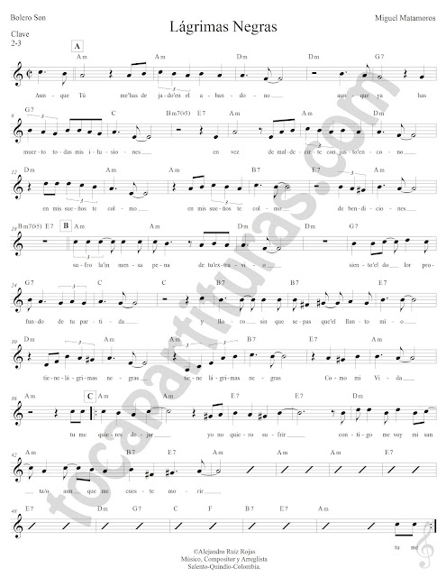 Lágrimas Negras de Miguel Matamoros Partitura con Acordes Lágrimas Negras Sheet Music with Chords