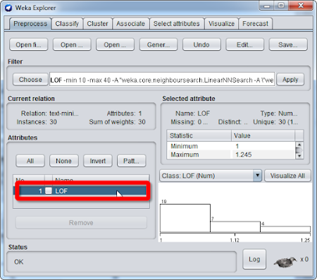 waspmew ionln [[Preprocess Cassis Cluster Assoiate Select atbutes visualae Forecast __ 乙一一 志 [ce cure mumma vce ire Relation: text-mini... Aftributes: 1 ‘Name: LOF Type: Num... Instances: 30 ‘Sum of weights: 30 Missing: 0... Distinct .. Unique: 30 1... none [wert 1 [Pat ee, ˍ las ˍ自 Co Rana 4水迪 ne 隋ˉ一[