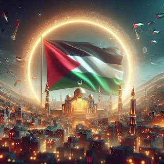 Gambar Bendera Palestina Keren Banget Ada Bulan Besar Bercahaya di malam hari disertai cahaya lampu Masjid dan rumah