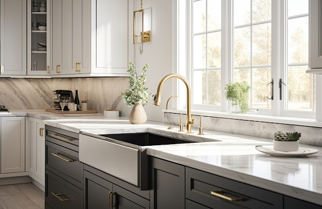 Kitchen sink with Gold faucet and marble backsplash.