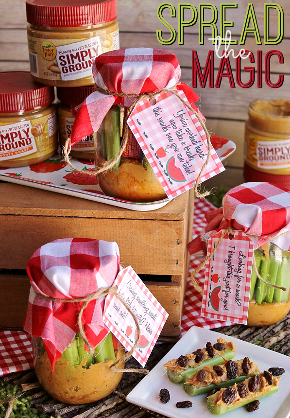 Free Printable! Make ahead 'Ants On A Log' jars. Leave one in the break room fridge for a hungry co-worker at snack time! #SpreadTheMagic with new Peter Pan Simply Ground peanut butter- the perfect blend of smooth and a little bit crunchy. (ad)