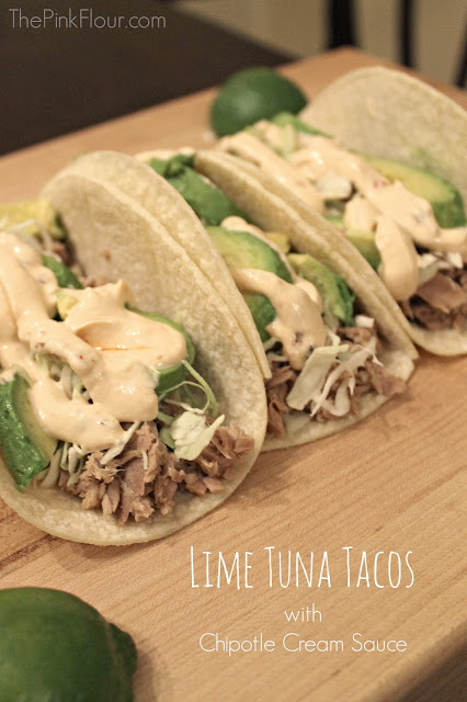 Lime Tuna Tacos with Chipotle Cream Sauce - a healthy, fresh and easy weeknight dinner from www.thepinkflour.com #tuna #dinner #OceanNaturals #shop #cbias