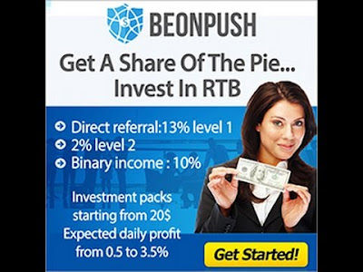 Recomendo Beonpush, os melhores negócios agora! O fundador é ferki demirovski, um político de renome, ele trabalha no parlamento europeu. Confiança admin para confiar negócio! Beonpush é especializado em compra e venda alvejam espaço publicitário em tempo real. Eles usam uma nova tecnologia chamada RTP, significa, tempo real licitação "! Retorno do investimento = 150 %! As embalagens de 20 $ a 10 000 $! Média diária taxas: 1 % a 3,5%!  O MELHOR PROGRAMA DE AFILIADO! consulta (nível 1) = 13 % Comissão! Consulta nível 2 = 2 % Comissão! Time Bonus (PLANO BINÁRIO) = 10 % Perna mais fraca Inscrição: https://www.beonpush.com/s/Guto1967