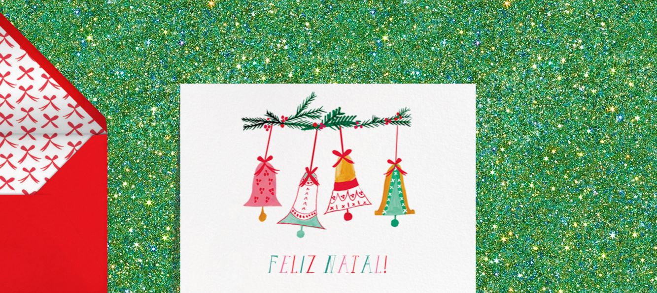 A Screenshot of my edited Paperless Post Christmas card. The card has colourful christmas bells on the front with the words Feliz Natal.