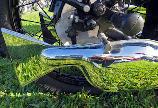 Curvaceous exhaust pipe of 1932 New Hudson motorcycle.